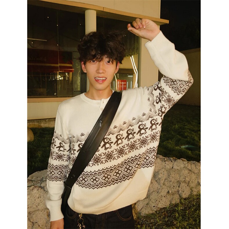 重磅秋冬装北极绒套头毛衣美式复古休闲慵懒风提花工艺针织衫外套，男装针织衫/毛衣，电商A486-1