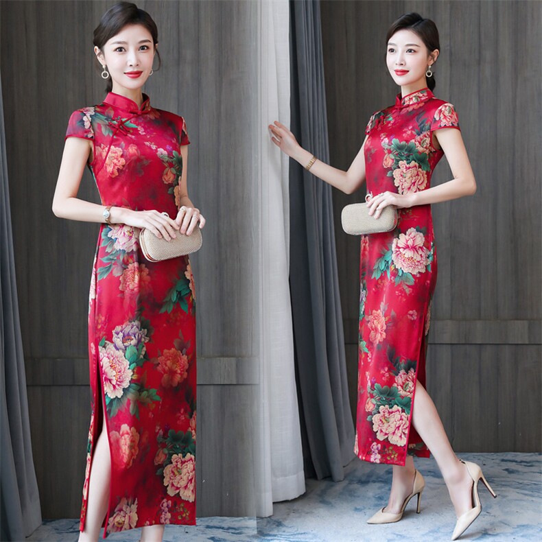 2026春夏季新款专柜品质真丝优雅时尚印花长款婚礼旗袍连衣裙，女装连衣裙，小荷流