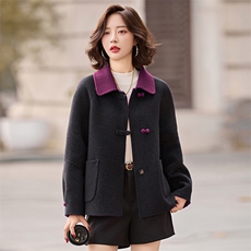 拼色新中式减龄2025秋冬季新款时尚双面呢绵羊毛外套大衣女，女装双面呢大衣，衣之秀