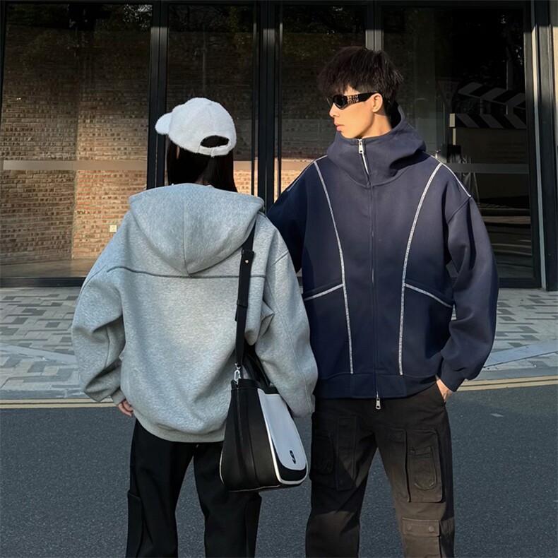抖音得物高品质秋冬美式高街重磅结构辑明线纹理连帽卫衣外套W111,女装短外套,电商A486-1