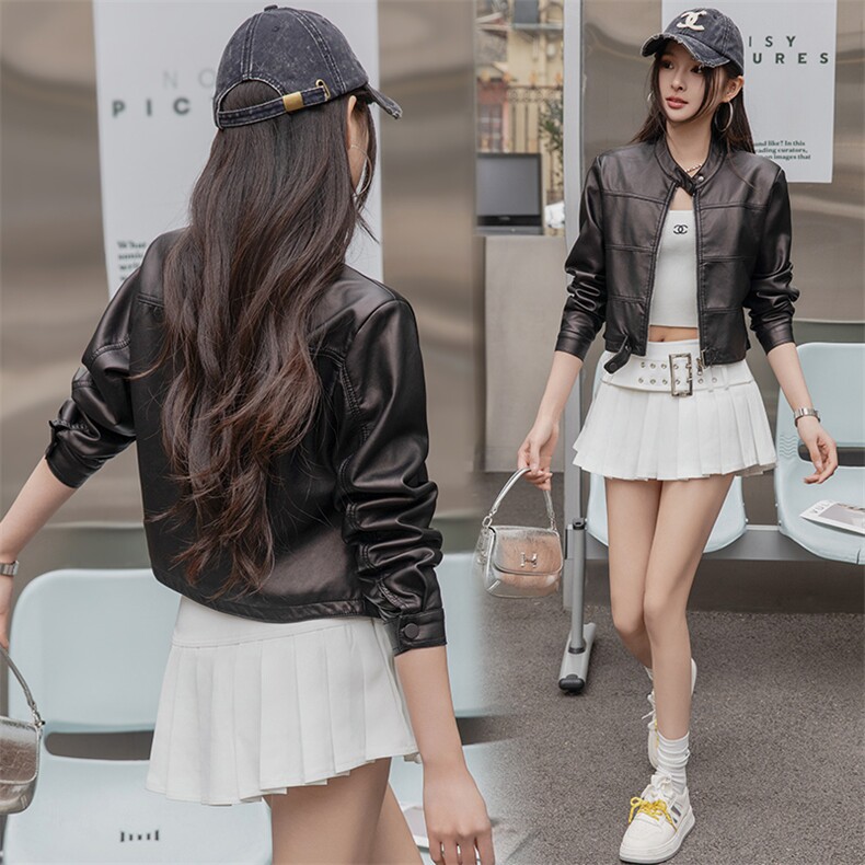 2025春秋季新款皮衣外套女短款立领时尚休闲小个子机车皮夹克上衣，女装皮衣，江南女神