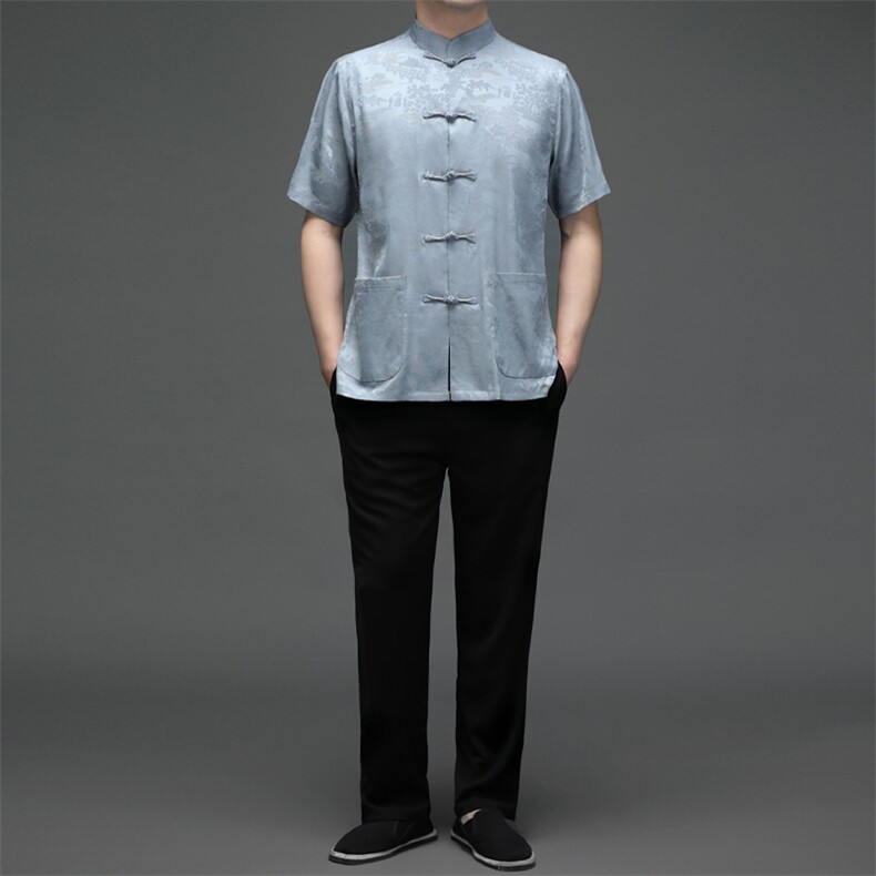 SQY2301男士春季两件套短袖套装中老年爸爸复古唐装风P115,男装民族服装,电商B360