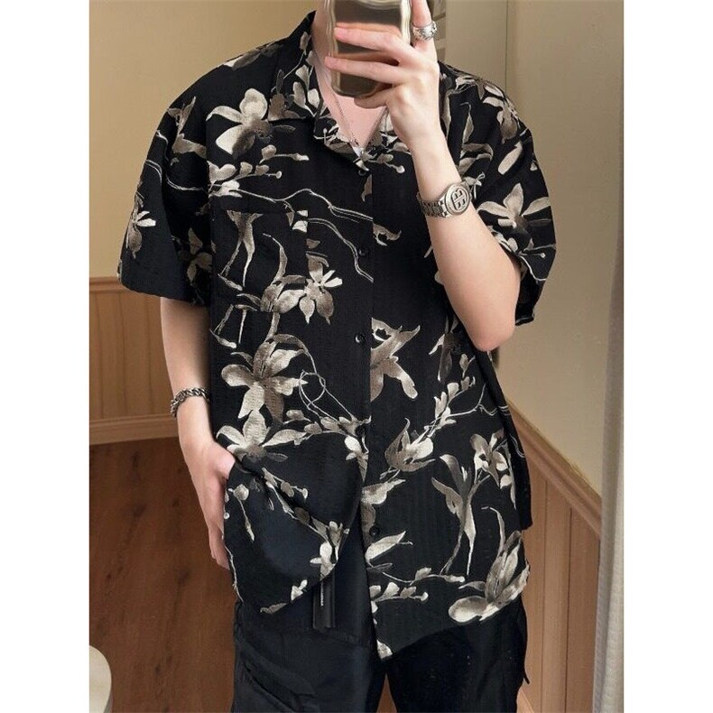 日系复古港风古巴领碎花短袖衬衫男女宽松休闲夏季薄款垂感衬衣潮，男装衬衫，星座506A