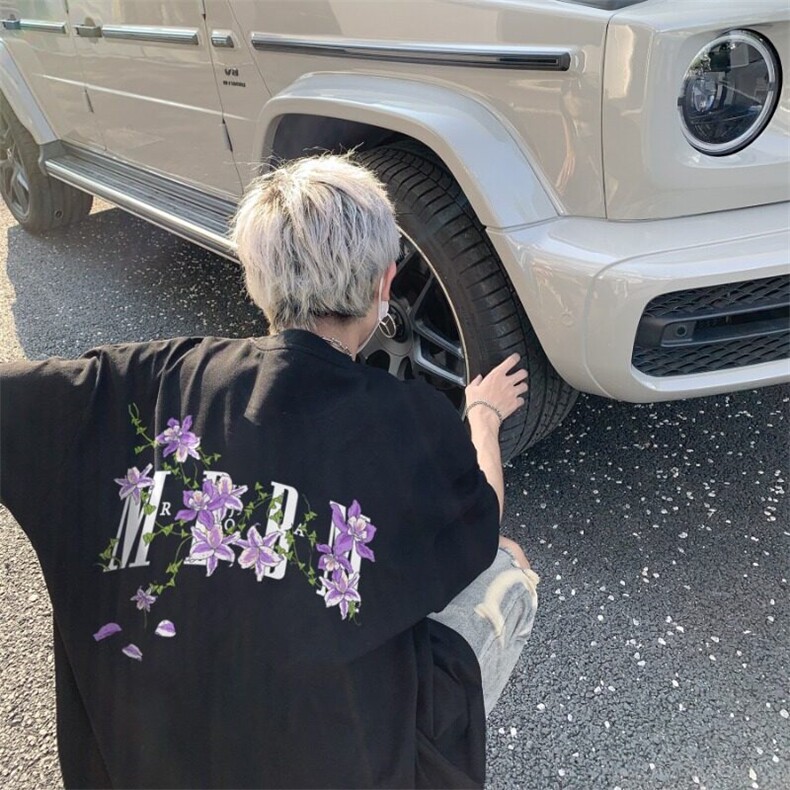 H1302纯棉220g藤蔓花卉印花t恤男生ins五分袖t恤青少年休闲上衣,男装T恤,星座308A-1（原309B-1）