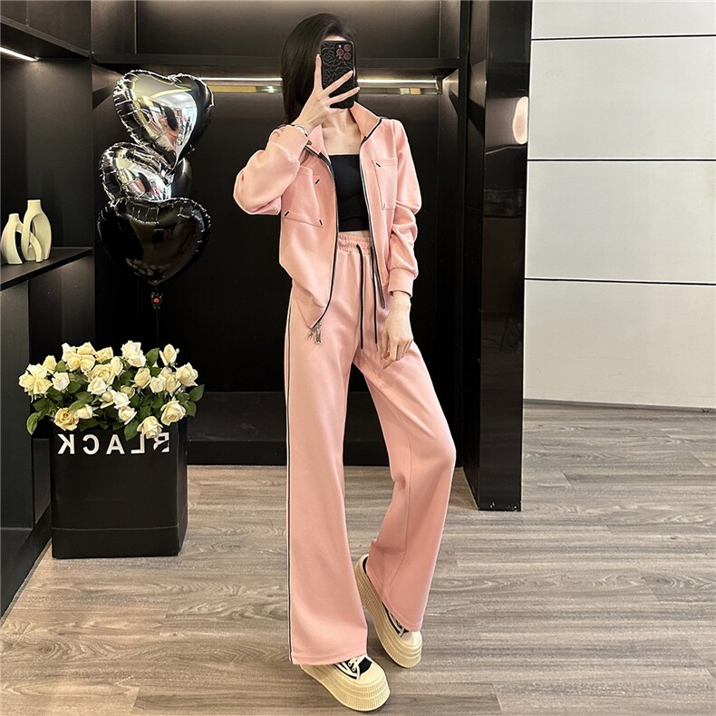 韩版休闲运动套装女早秋新款高级感显瘦立领开衫卫衣阔腿裤两件套图片