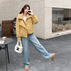 冬装羊圈毛大翻领拼PU皮内胆羽绒90绒短外套2C050-1301-P285-K398，女装羽绒服，2C050