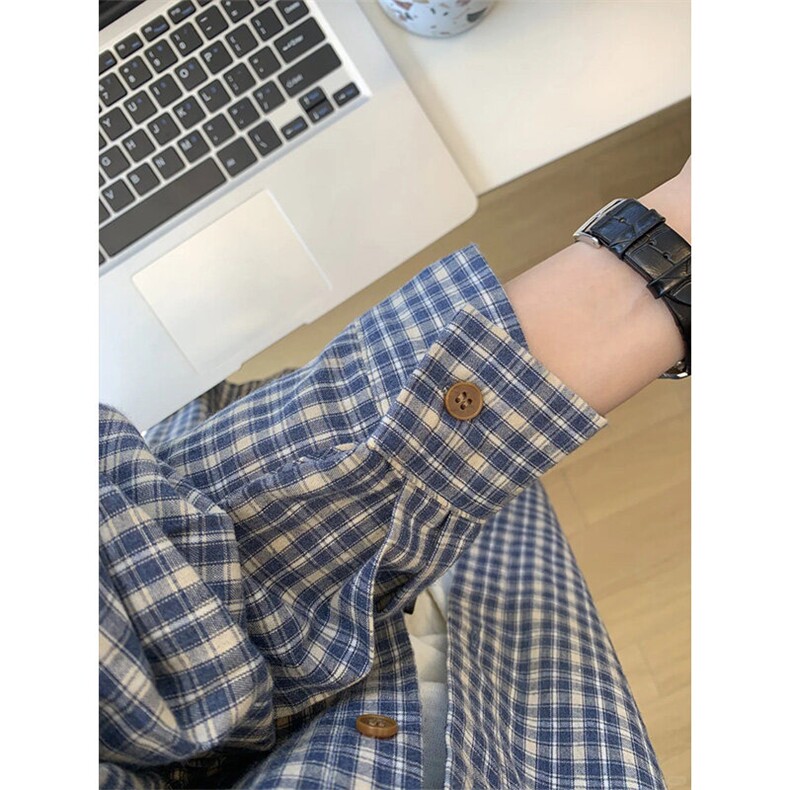韩系蓝色格子长袖衬衫男款夏季松弛感慵懒风格纹衬衣美式潮牌外套,男装衬衫,星座1007（原301D）