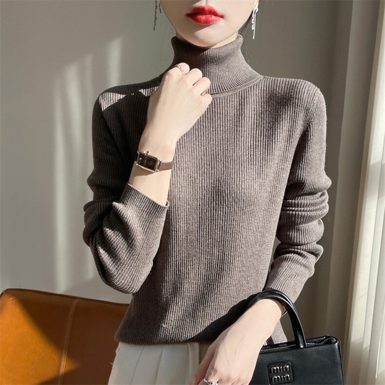 精纺细毛高翻领针织打底衫女2025新款长袖薄款内搭显瘦软糯毛衣，女装羊毛衫，总能电商供货