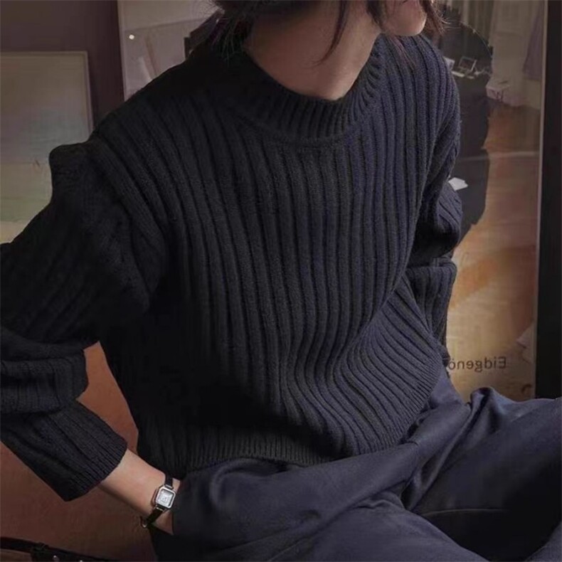 时尚百搭法式坑条短款圆领羊毛衫显瘦修身针织毛衣女秋冬新款,女装羊毛衫,泰沅羊绒