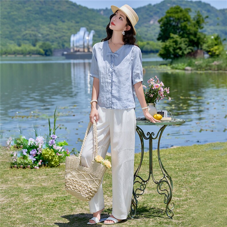 亚麻套装女2026夏季新款套装女蕾丝领带宽松上衣气质透气休闲裤,女装套装/套裙,梦懿尔