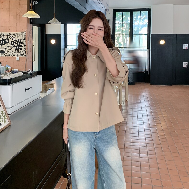 新品卡其色短款风衣小清新外套1C045-H8305P155K218,女装风衣,红龙果