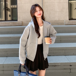 浅灰色开衫卫衣外套男款秋季美式重磅硬挺连帽衫cleanfit短款夹克图片
