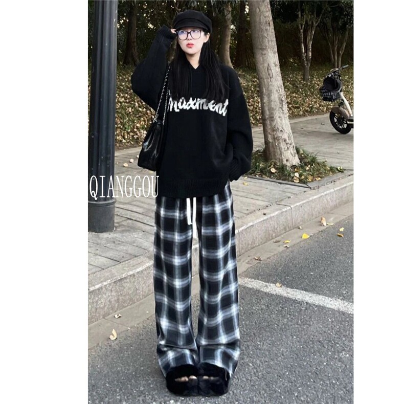 黑白格子裤子男女宽松直筒垂感休闲阔腿裤复古百搭平脚裤XCT16图片