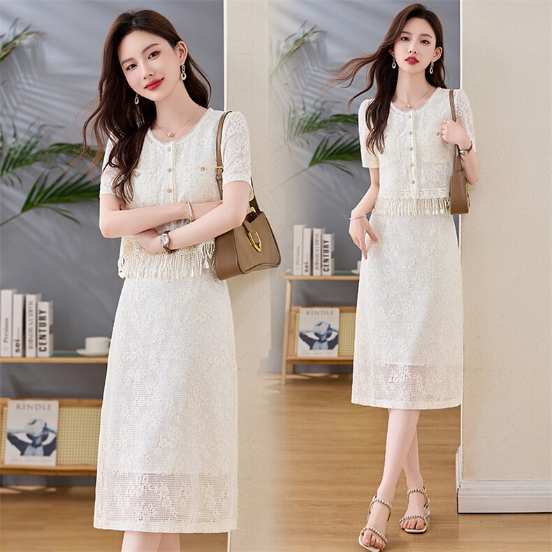 25夏装新款蕾丝套装女时尚气质短袖套装花边拼接，女装连衣裙，伊航服饰
