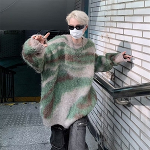 慵懒风冬季街头马海毛拼色不规则条纹渐变毛衣针织衫ins MY211图片