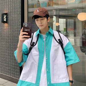 特P38控68  全棉拼接短袖衬衫港风撞色衬衣XCS01图片