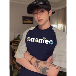 抖音得物供货240克宽松纯棉美式潮牌印花插肩袖拼接短袖T恤AT1509图片