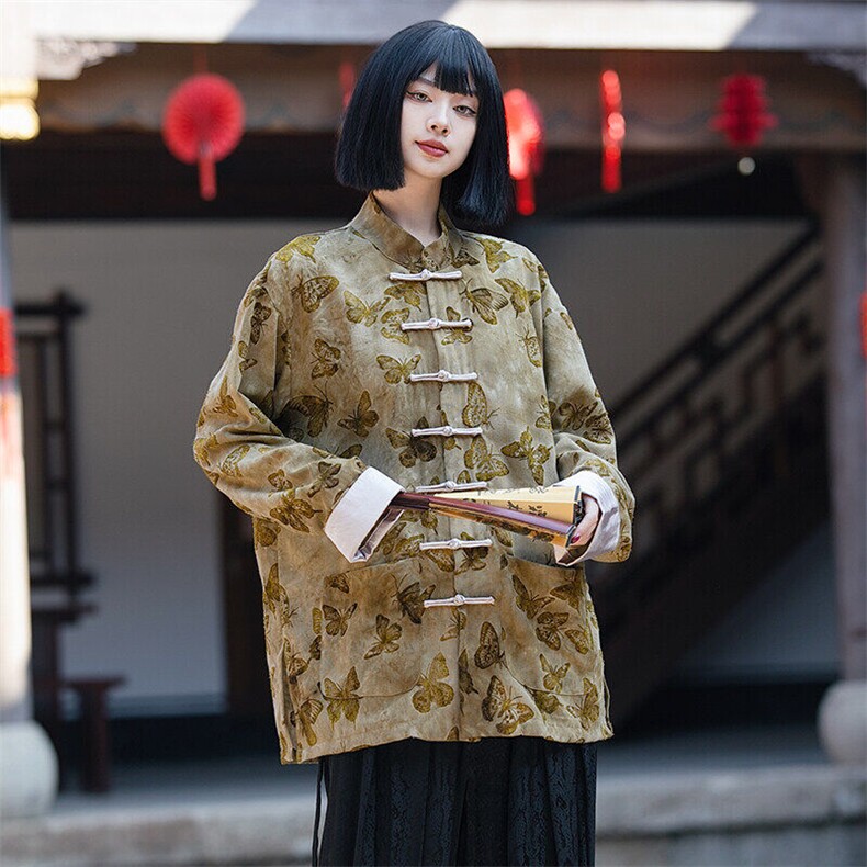 新中式风（蝴蝶）轻奢潮中式扎染植绒麻衬衫印花唐装男女款,男装衬衫,星座305A（原312A-1）