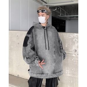 欧美外套男潮做旧拼接连帽牛仔卫衣美式复古外套JK8622-P78图片