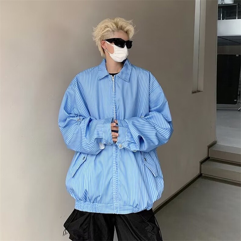美式外套男生短款潮牌春秋季条纹拉链衬衫痞帅夹克高级设计感,男装夹克,星座716-3