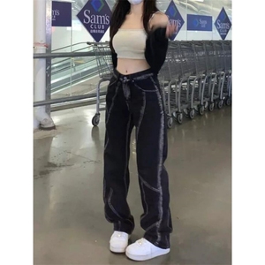 美式复古vibe风牛仔裤女夏季高街ins潮水洗做旧直筒裤 N519图片