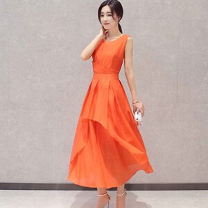 2022年夏季无袖甜美纯色圆领中腰套头连衣裙，女装连衣裙，时尚俏佳人