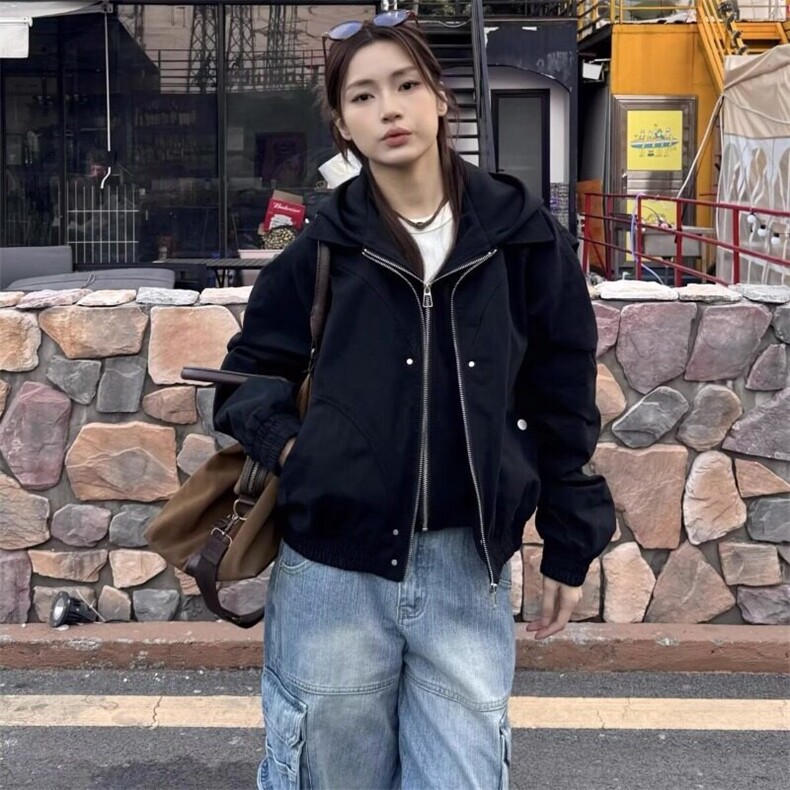 时尚美式假两件连帽工装夹克外套男女2025春季新款日系宽松上衣,男装夹克,星座506A