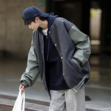 日系街头PU皮拼接棒球服男2022潮牌复古宽松情侣休闲百搭外套，男装夹克，星座716-4