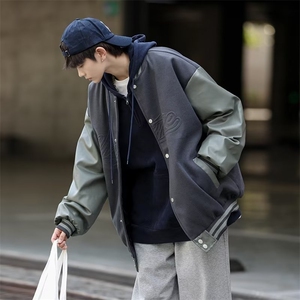 日系街头PU皮拼接棒球服男2022潮牌复古宽松情侣休闲百搭外套图片