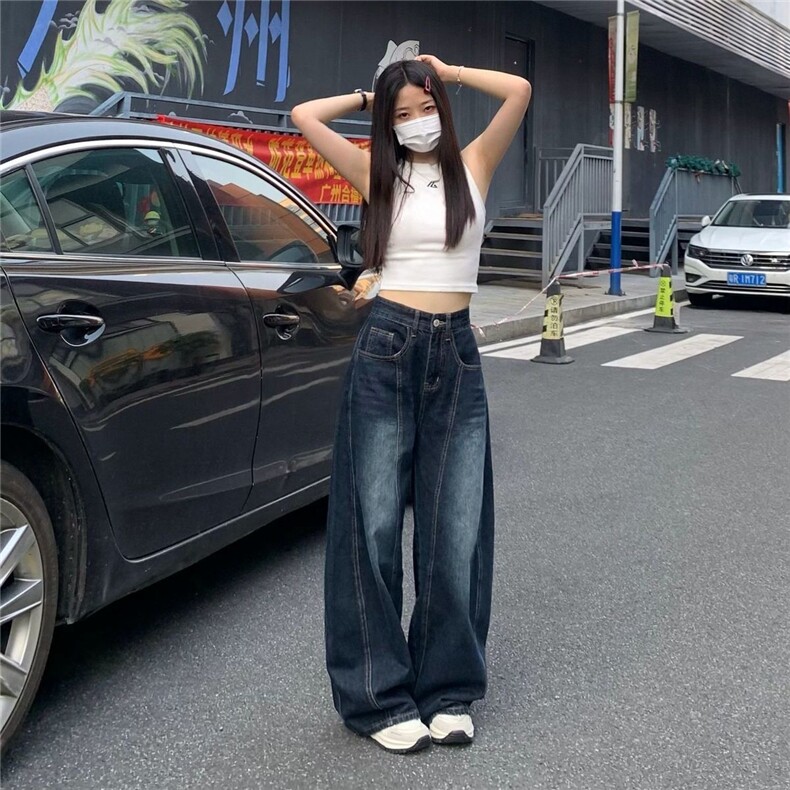 美式复古高腰弯刀牛仔裤春季新款高街设计感宽松显瘦阔腿拖地裤,男装牛仔裤,四季星座505