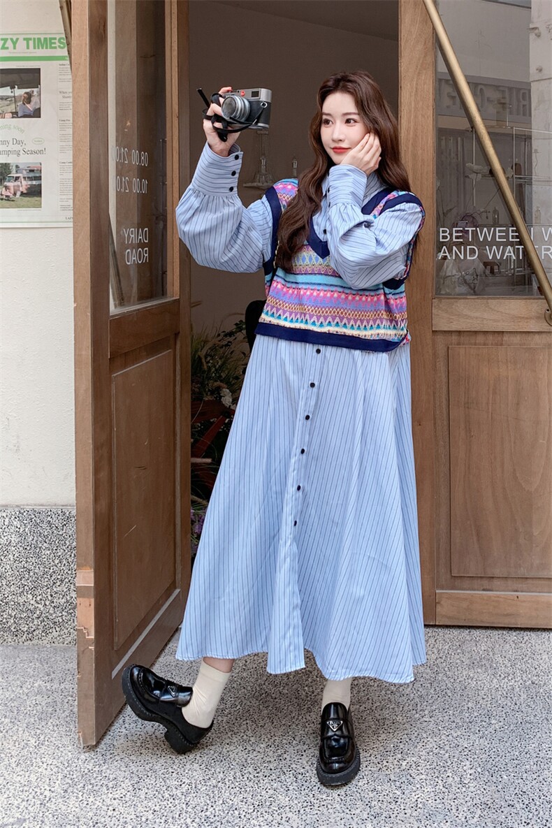 蓝色条纹连衣裙套装女2025春秋季新款温柔风马甲显瘦衬衫裙两件套,女装套装/套裙,2C198