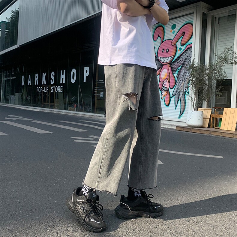 破洞牛仔裤烟灰色宽松直筒裤KD110-P45,男装牛仔裤,电商D312-1