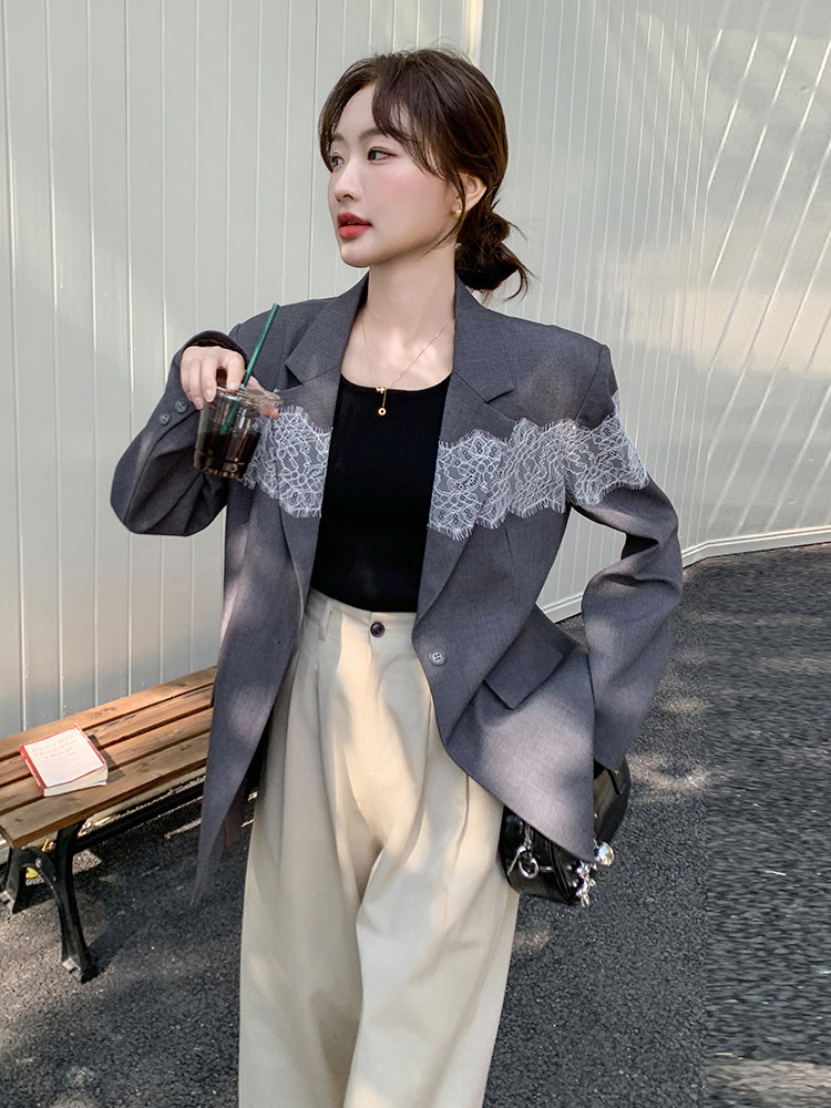 蕾丝拼接灰色西装外套女2025春季新款韩系休闲气质高级感炸街西服,女装西装,浙宝069