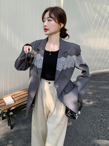 蕾丝拼接灰色西装外套女2025春季新款韩系休闲气质高级感炸街西服图片
