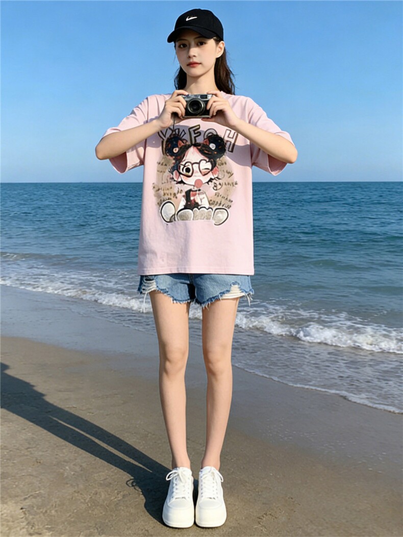 盐系穿搭休闲时尚套装女夏新款设计感圆领印花短袖牛仔短裤两件套,女装套装/套裙,江南