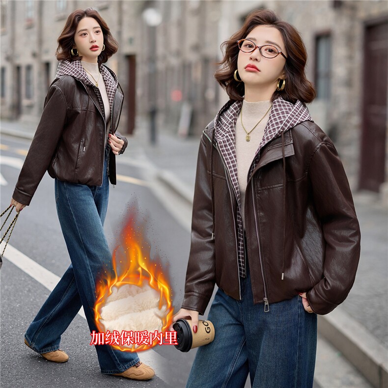 加绒皮衣外套女连帽格子拼接上衣2025冬季新款加厚毛皮夹克机车服，女装皮衣，跑量工厂店