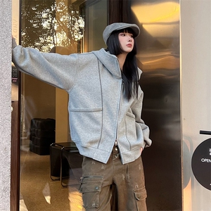 抖音得物高品质秋冬美式高街重磅结构辑明线纹理连帽卫衣外套W111