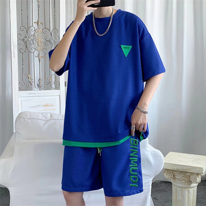 休闲运动套装男夏季华夫格潮牌短袖t恤男两件套短裤一套TZ015-P45图片
