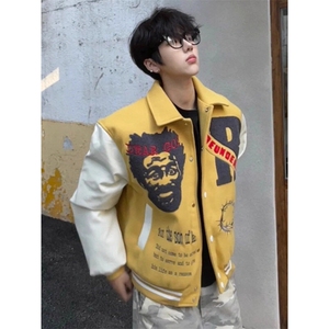 杨博文同款翻领棒球服男春季美式复古网红潮拼接撞色工装夹克