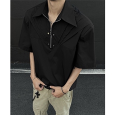 垫肩解构设计褶皱夏季小众短袖衬衫痞帅金属感T恤901P45，男装T恤，电商A458A