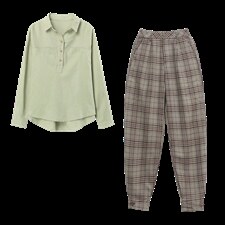 长期现货，格子衬衫女套装新款韩版春秋显瘦百搭休闲裤两件套，女装套装/套裙，涵誉