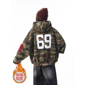 加厚加厚冬款男女连帽开衫迷彩卫衣刺绣保暖宽松夹克外套WY96 P65图片