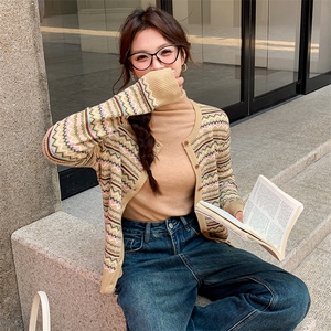 小香风条纹羊毛开衫外套女春秋2025年新款小个子盐系轻熟减龄上衣图片