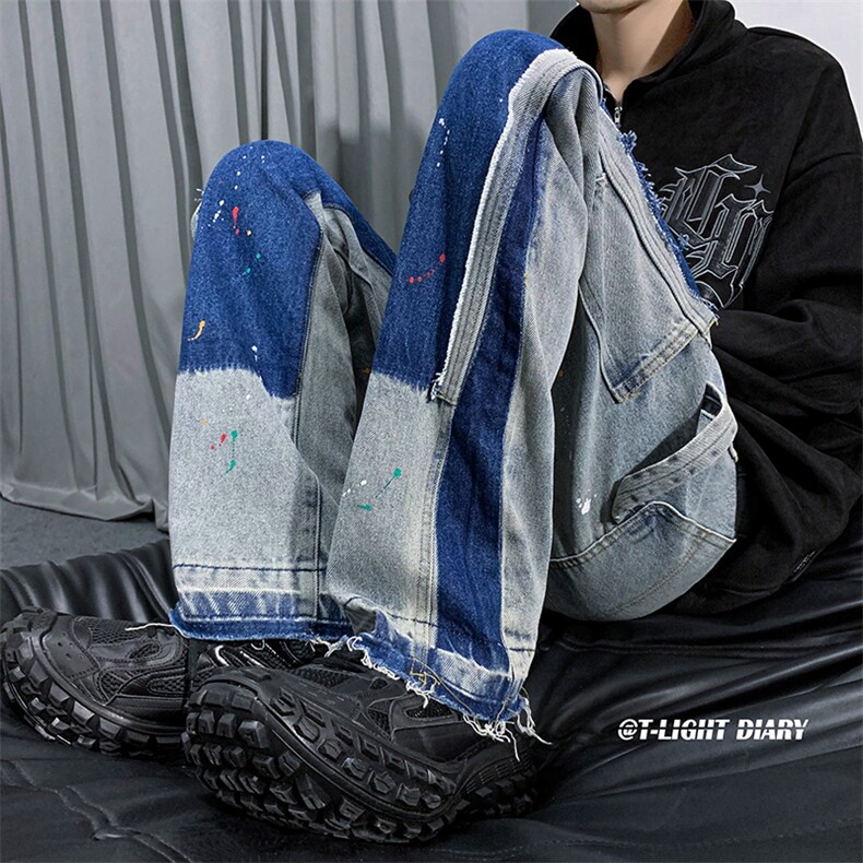 B221美式ins高街小众个性款喷墨小脚牛仔裤LK22084-P70控98,男装牛仔裤,电商B221