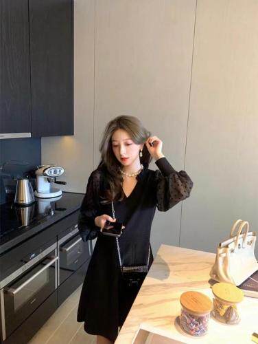 拼波点纱袖冰丝连衣裙黑白两色，女装连衣裙，CHERRY·印