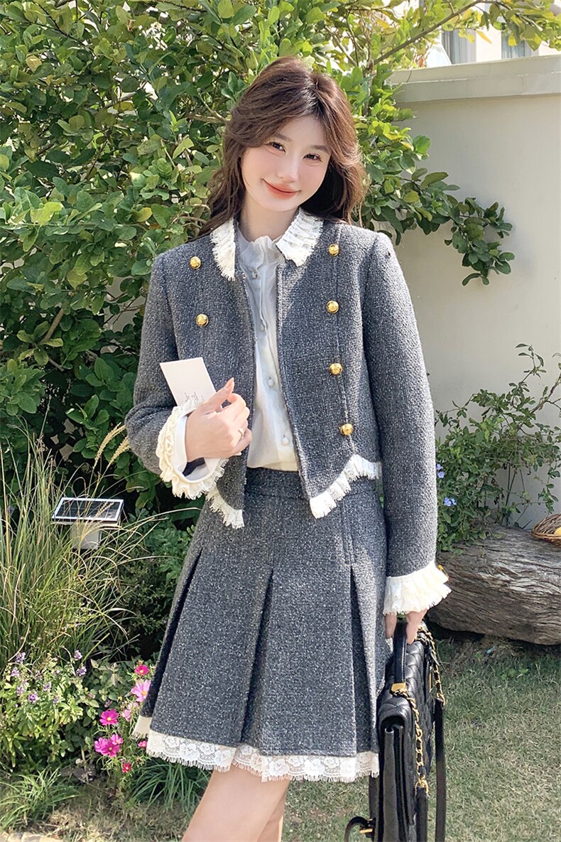 撞色蕾丝花边学院风套装女春季2025新款减龄设计感半身裙两件套潮,女装套装/套裙,含赞