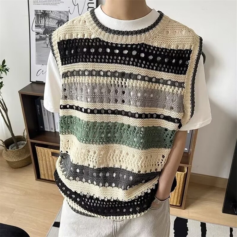 762-P33 美式复古撞色条纹背心男款夏季潮牌针织镂空衣服坎肩毛衣图片