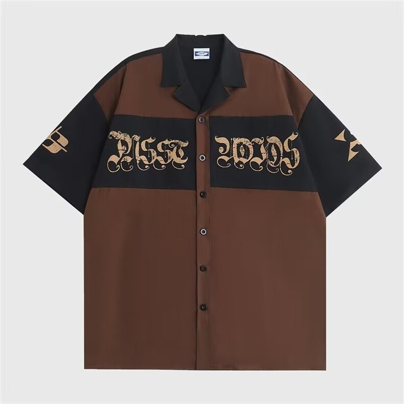夏拼接撞色印花短袖衬衫男潮牌青少年帅气休闲宽松外套LS2226P34,男装衬衫,星座1013-5