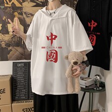 LD54198-P45连帽短袖t恤男大码胖子带帽五分袖中袖，男装T恤，电商A040