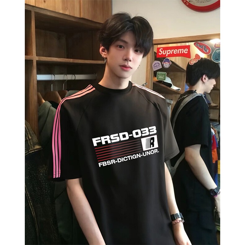 抖音得物品质二开240克宽松纯棉美式潮牌印花三条杠中性风短袖T恤,男装T恤,电商A486-1